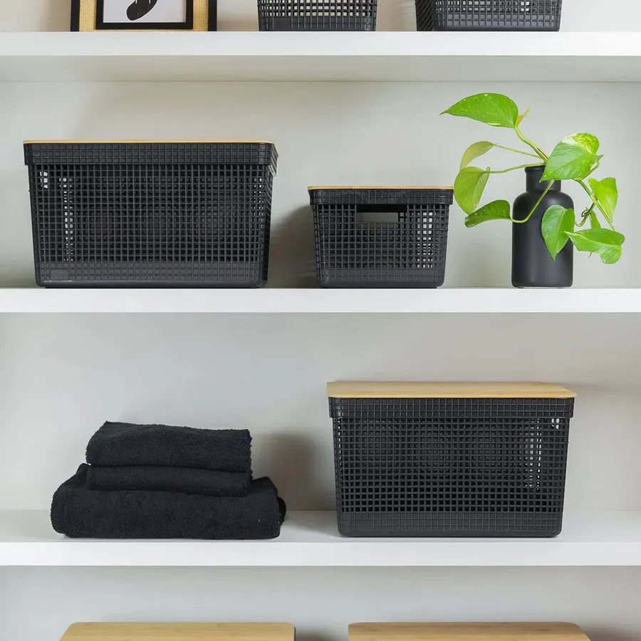 Cesta Organizadora Grid de 20 L con Tapa de Bambú – Negra - Image 3