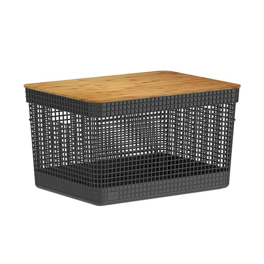 Cesta Organizadora Grid de 20 L con Tapa de Bambú – Negra